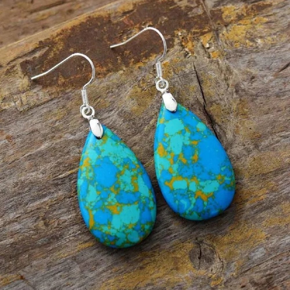 Natural Blue Turquoise Stone Teardrop Dangle Drop Earrings